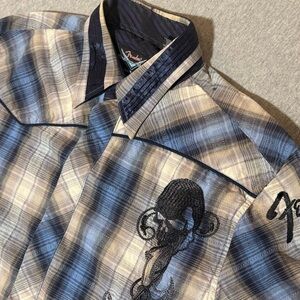 Fender Dress Shirt Medium Rock Roll Religion Blue Brown Guitar Bottom Down READ